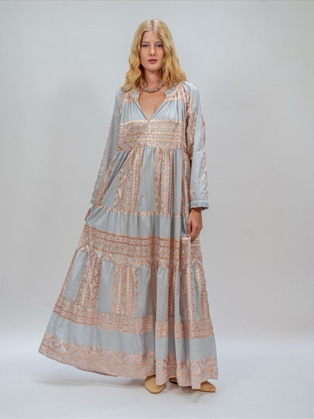 Greek Archaic Kori Bohemian Embroidered Maxi Dress Large One Size Stunning L